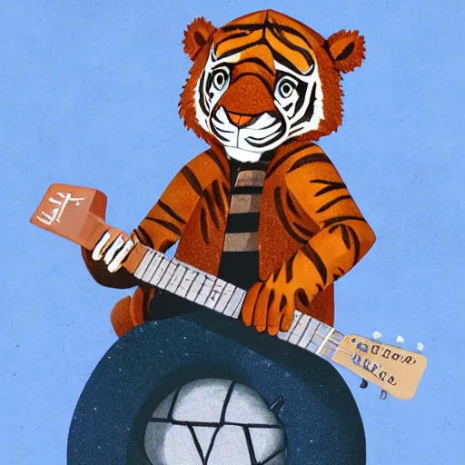 Prompt: illustration of a anthropomorphic tiger in a rock outfit strumming an electric guitar, dslr, 8 k, octane beautifully detailed illustration, cold lighting, cinematic lighting, detailed poster, masterpiece, volumetric lighting, ultra realistic, highly detailed, high quality, lossless