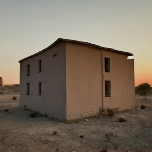 Image similar to Photograph of a generic soviet communist residential block standing lonely in a desert, dawn