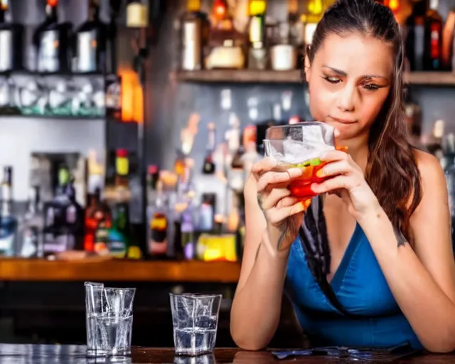 Image similar to an over-heated young female bartender serving people alcohol under the hot sun, photograph, 4k UHD