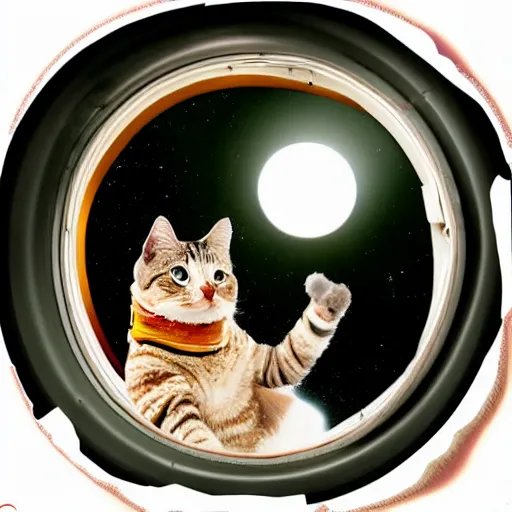 Prompt: astronaut cat on board the sputnik 2, holding a cute cat in his paws, earth can be seen from the round space window, realistic, photo, detailed