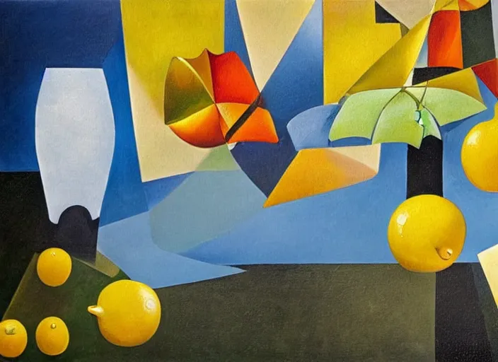 Image similar to abstract composition with lemons and umbrellas, oil on canvas, in the style of salvador dali,