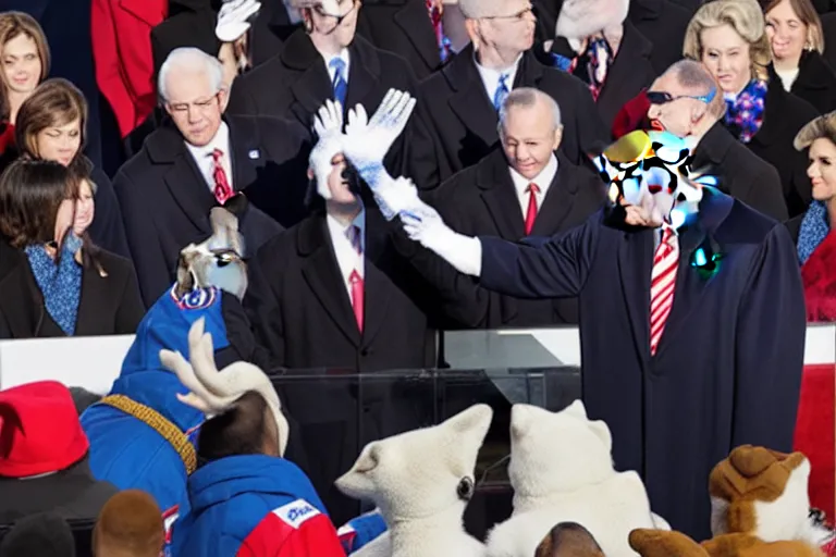 Image similar to photo of the usa presidential inauguration, a wolf fursuiter being inaugurated as president