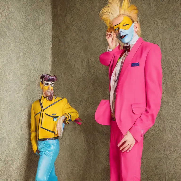 Prompt: fashion photoshoot octane render portrait by wayne barlow and carlo crivelli and glenn fabry, subject is a single flamboyant man in a bright colorful pastel wes anderson uniform and a latex mask inside a high - end exotic vintage boutique hotel lounge, very short depth of field, bokeh