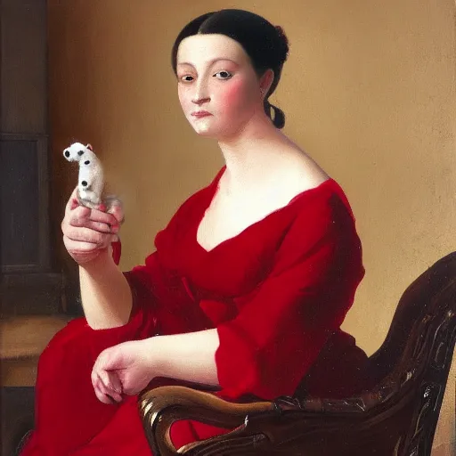 Prompt: painting of a woman seated in profile, holding a small white ermine in her left hand. She is dressed in a lavish red and gold gown, and her dark hair is pulled back from her face in a severe style. Her expression is one of calm detachment, and she stares straight ahead with a slight smile on her lips.