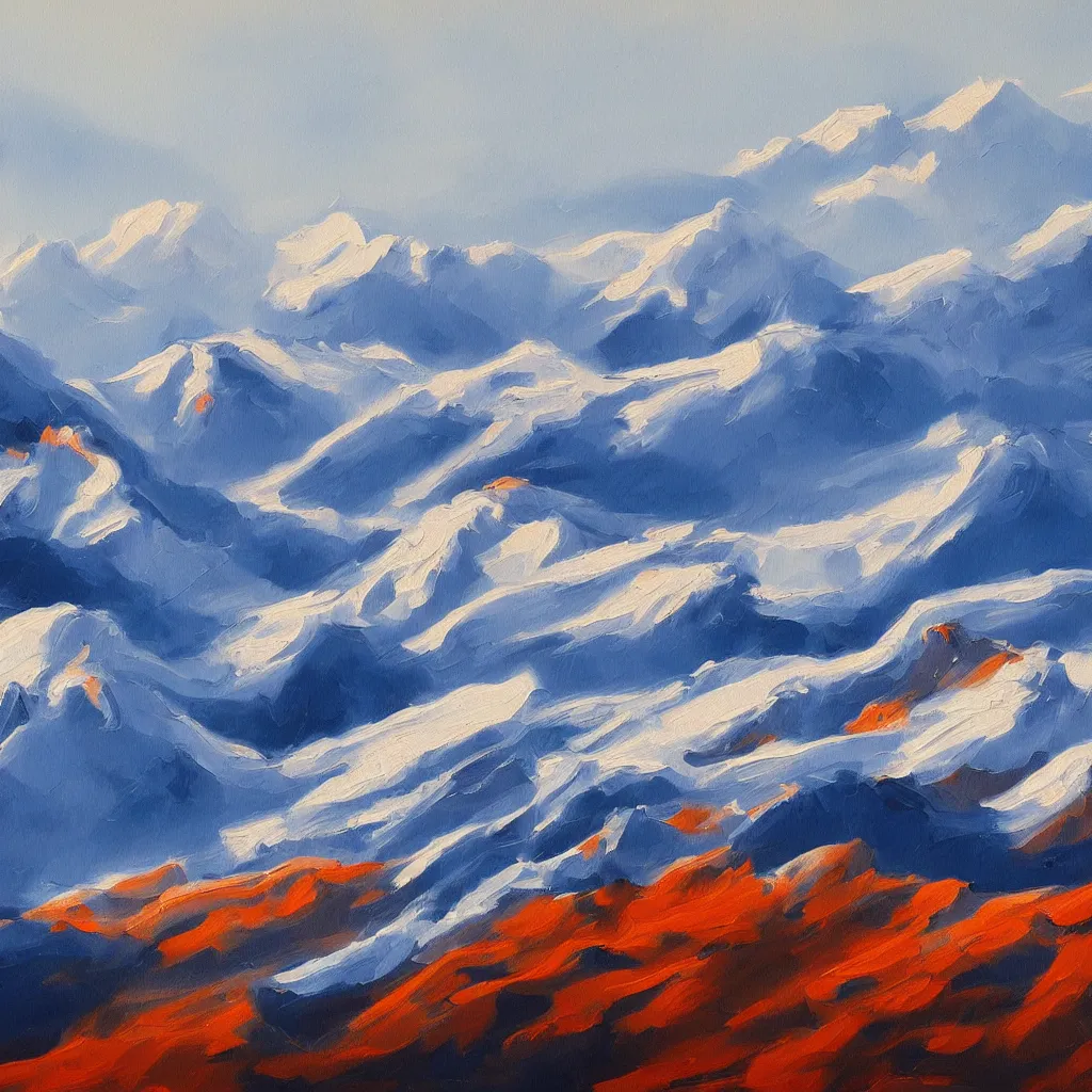 Prompt: a beautiful landscape painting depicting snowy mountains, trending on artstation. the color scheme is blue and orange. digital art.