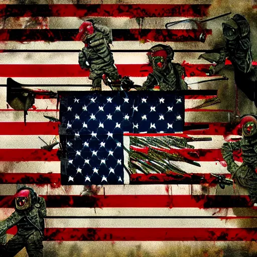 Image similar to military weapons american flag scariest horror nightmare by junji ito and horiyoshi iii, digital art, deepdream cosmic, 3 d high definition, trending on artstation, photorealistic, high resolution, 8 k, octane, hyper detailed, trending on deviantart insane details, intricate, elite, ornate, elegant trend, highly detailed and intricate, sharp focus, photography, unreal engine