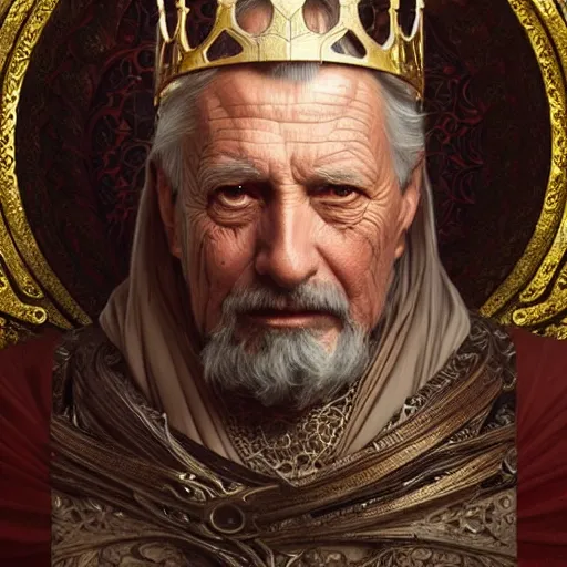 Image similar to ultra realistic illustration of a medieval old king, intricate, elegant, highly detailed, digital painting, artstation, concept art, smooth, sharp focus, illustration, art by artgerm and greg rutkowski and alphonse mucha