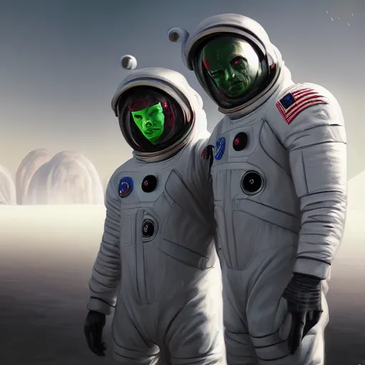 Prompt: A hyper real comic book style portait painting of Neo and agent Smith on the moon in astronaut suits, unreal 5, hyperrealistic, octane render, cosplay, RPG portrait, dynamic lighting