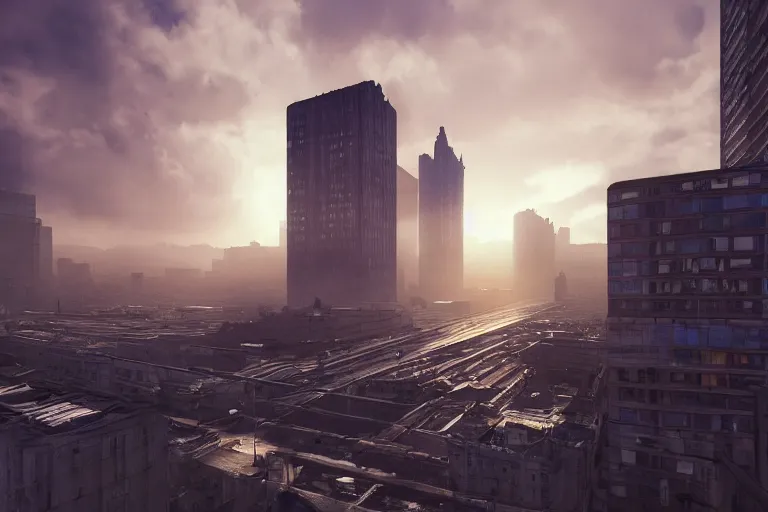 Image similar to streetscape, a towering cathedral of brutalist architecture, buildings covered with greebles, stunning volumetric light, sunset, metal, concrete and translucent material, stunning skies, majestic landscape, trending on Artstation, 8k, photorealistic, hyper detailed, unreal engine 5, IMAX quality, cinematic, epic lighting, in the style of Greg Rutkowski