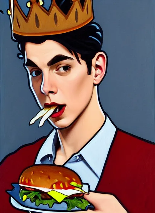 Image similar to oil painting, jughead jones wears a light grey crown, and devours a hamburger, intricate, elegant, highly detailed, lighting, painting, artstation, smooth, illustration, art by greg rutowski and alphonse mucha