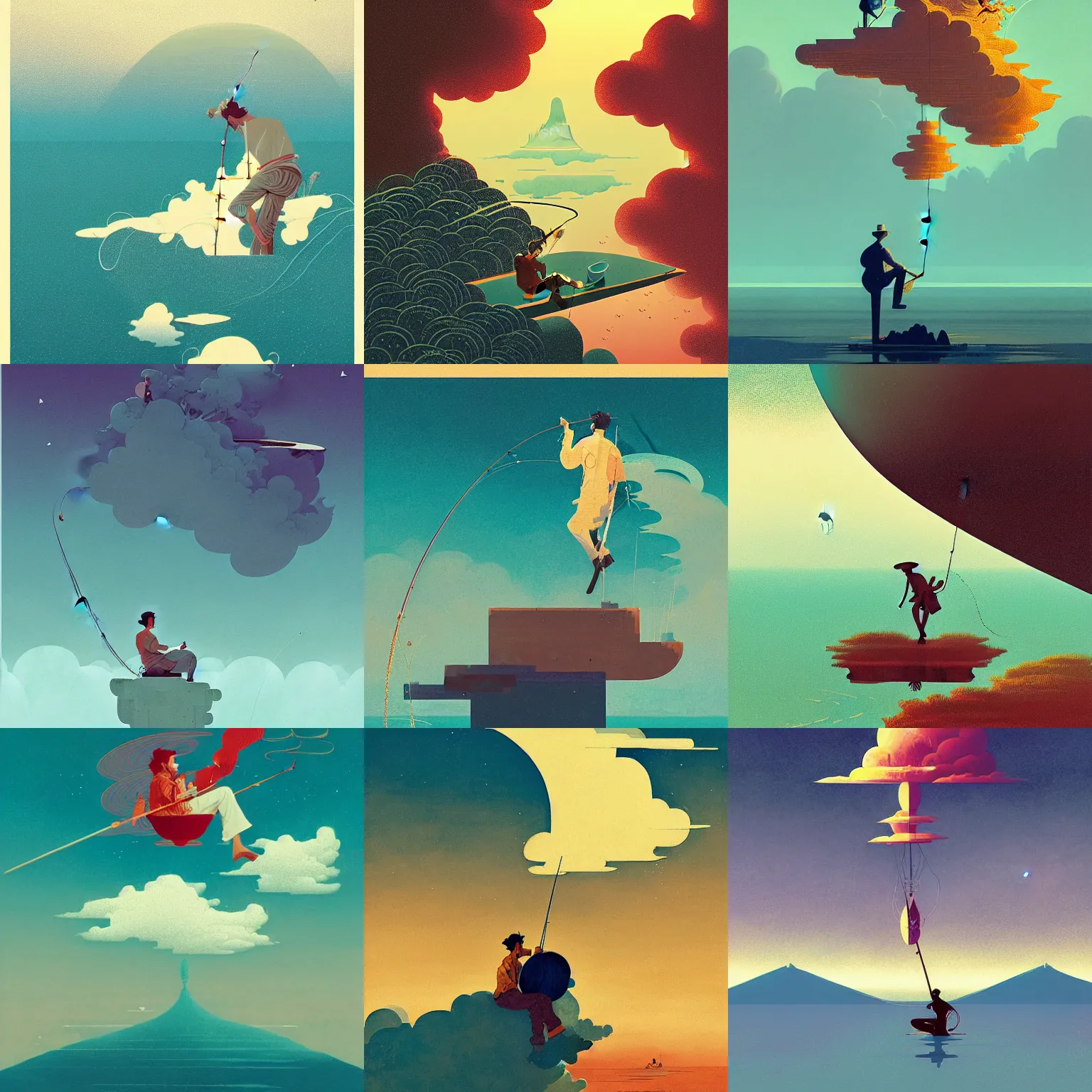 Prompt: man fishing on a cloud by Victo Ngai and James Gilleard and Bruce Pennington