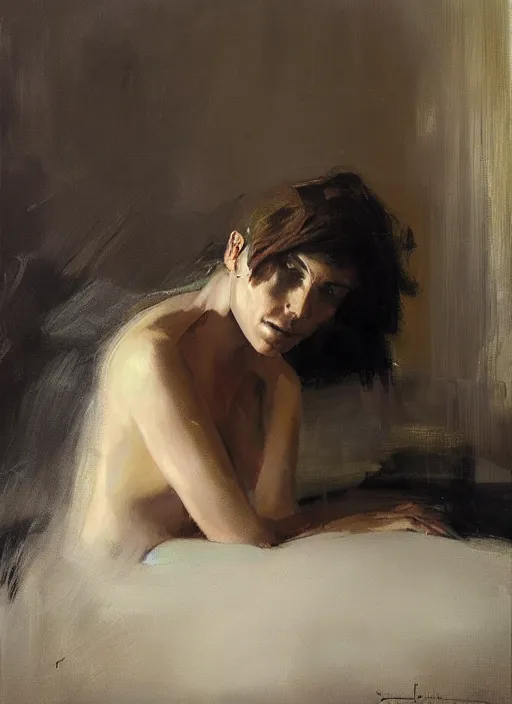 Prompt: portrait painting of a woman in an artistic pose at bed by jeremy mann, only one head single portrait