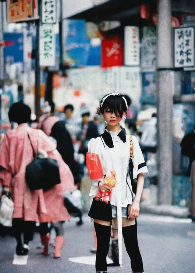 Image similar to a street fashion photograph of a cute japanese woman in 9 0 s fashion, in tokyo akihabara, shot on cinestill 5 0 d with a 3 5 mm at f / 2. 8 lens, print magazine, photorealistic, nineties nostalgia, 4 k