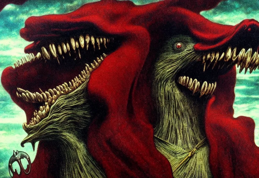 Image similar to realistic detailed portrait movie still of a screaming birdman wearing black robes, sci fi landscape background by denis villeneuve, amano, yves tanguy, alphonse mucha, max ernst, ernst haeckel, roger dean, masterpiece, rich moody colours, snarling dog teeth