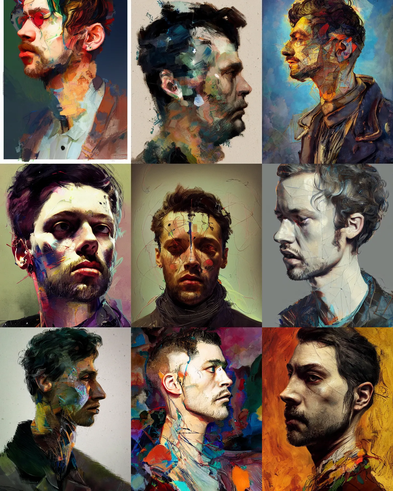 Prompt: side portrait of a handsome man, in the style of disco elysium, expressionism, artstation, trending, by aleksander rostov, jenny saville, rembrandt, alex kanevsky, wassily kandinsky, dave mckean, yoshitaka amano