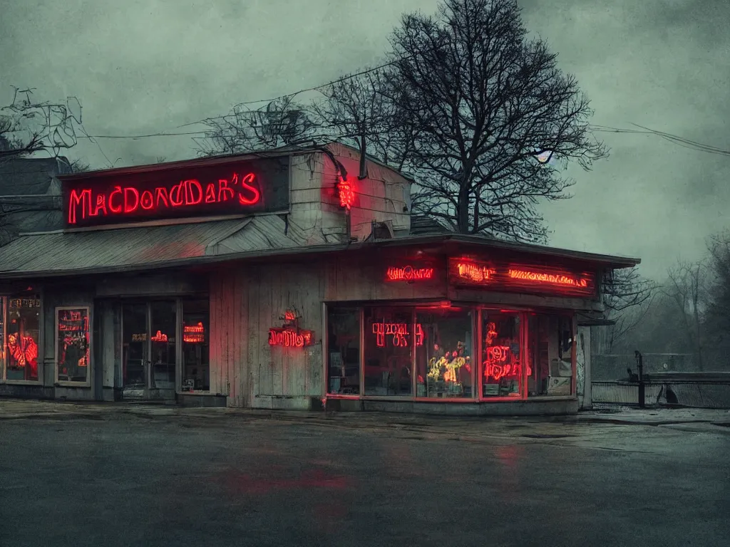 Prompt: the outside of a mcdonald's in the upside down from stranger things, ominous, dark, gloomy, hdr, moody lighting, horror