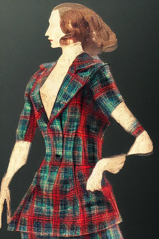 Prompt: a scene depicting a elegant character wearing a voluminous suit made from tartan and transparent plastic, blurred, muted colors, acrylic, super detailed, soft light