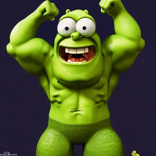 Image similar to spongebob hulk homer shrek scooby doo alien godzilla, highly detailed, extremely high quality, hd, 4 k, 8 k, professional photographer, 4 0 mp, lifelike, top - rated, award winning, cinematic, realistic, detailed lighting, detailed shadows, sharp, no blur, edited, corrected, trending