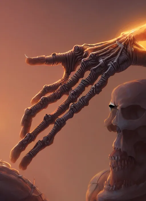 Prompt: Highly detailed skeletal hand, Stephen Bliss, unreal engine, fantasy art by Greg Rutkowski, Loish, Rhads, Makoto Shinkai and Lois van baarle, ilya kuvshinov, rossdraws, Tom Bagshaw, global illumination, radiant light, detailed and intricate environment