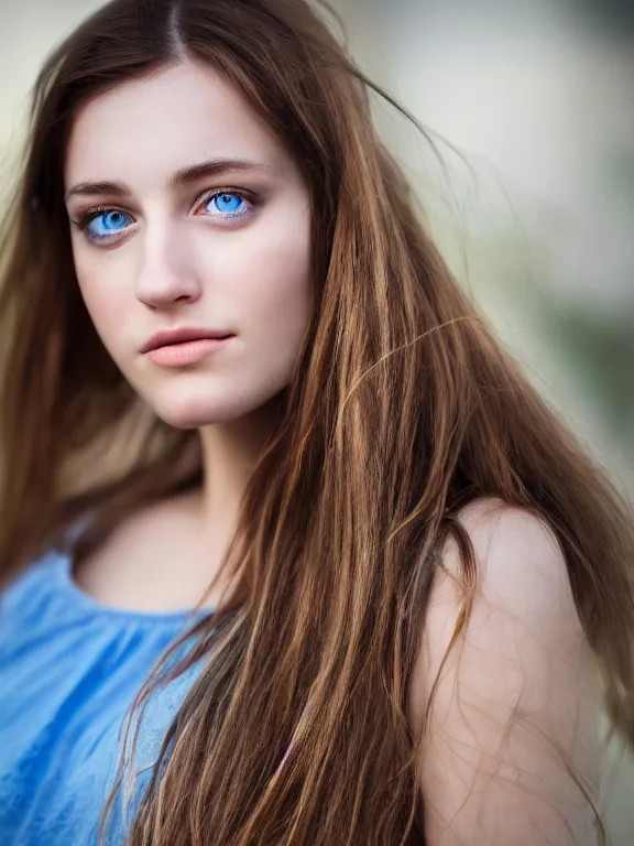 Image similar to 4K HD, high detail photograph, shot with Sigma f/ 4.2 , 250 mm sharp lens, shallow depth of field : (subject= Beautiful young woman with blue eyes + subject detail= accurate body features, consistent, high detailed light refraction , high level texture render)