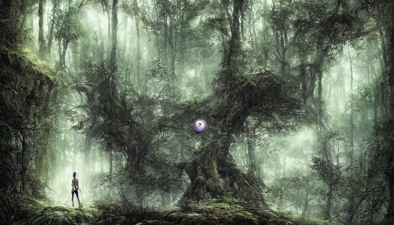 Image similar to a big eye floats above the ground in a dense forest, illustration by john taylor dismukes and dave lafleur, luis royo, smooth shading, ultra detailed, high resolution, cinematic, chrome art, rich deep colors, unreal 6