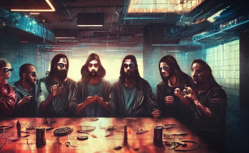 Prompt: the last supper cyberpunk style shot atmospheric