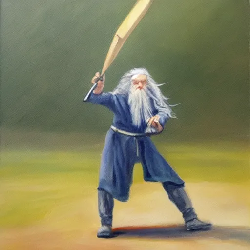 Prompt: Oil painting of Gandalf playing cricket