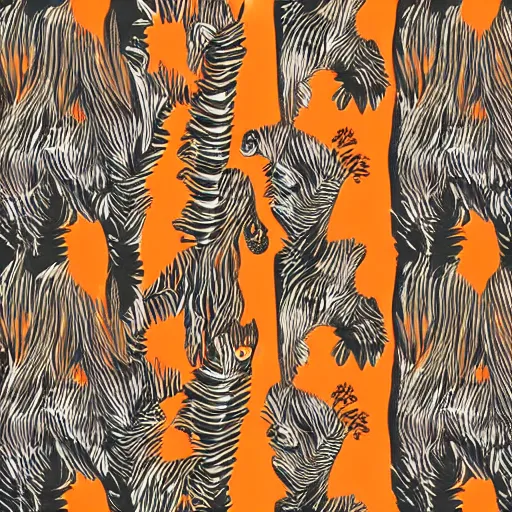 Image similar to tiger in the forest children drawing stripes orange sky palm tres sharp claws and teeth in geometric illustration style