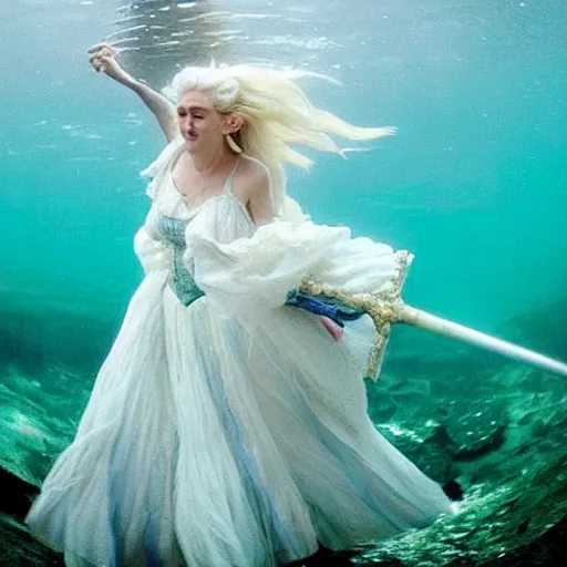 Prompt: A messy, white haired, (((happy))) elf princess (look like ((young Kate Winslet))), dressed in a frilly ((lace)), wedding dress, is ((holding a sword)). Everything is underwater! and floating. Greenish blue tones, theatrical, (((underwater lights))), high contrasts, fantasy water color, inspired by John Everett Millais's Ophelia