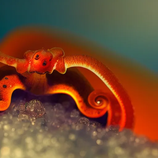 Image similar to fiery whimsical emotional eyes cephalopod, in a photorealistic macro photograph with shallow dof