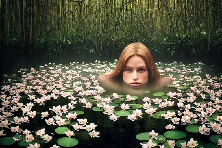 Prompt: hyperrealistic cinematic photograph of a woman's face floating in a pond, surrounded by a forrest of lillies, deep focus, intricate, elegant, highly detailed, matte, sharp focus, photography by bill henson and gregory crewdson and james jean