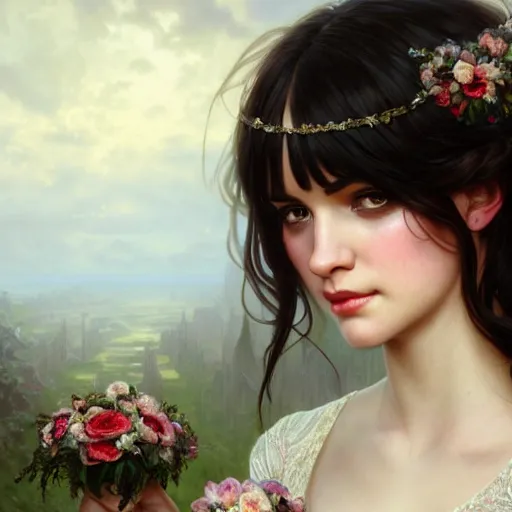 Prompt: a beautiful girl with dark hair and bangs, wearing a wedding dress, royal gardens background, fantasy, intricate, elegant, highly detailed, digital painting, artstation, concept art, matte, sharp focus, illustration, art by Artgerm and Greg Rutkowski and Alphonse Mucha