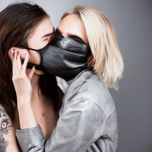 Prompt: Hot young woman, grey skin, void eyeballs, tattoos, wearing a leather jacket, comforting someone in a shroud and mask, hugging them as they cry on her chest