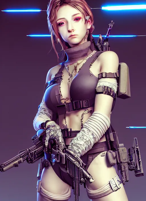 Image similar to the portrait of lawful neutral russian female cyberpunk marine sniper as absurdly beautiful, gorgeous, elegant, young gravure idol, an ultrafine hyperdetailed illustration by kim jung gi, irakli nadar, intricate linework, bright colors, octopath traveler, final fantasy, unreal engine 5 highly rendered, global illumination, radiant light, detailed and intricate environment