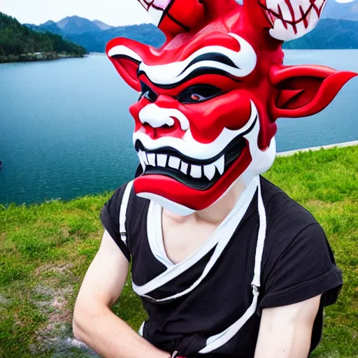 Prompt: A devious teen with a unique hannya mask by kim jung gi, lake in the background