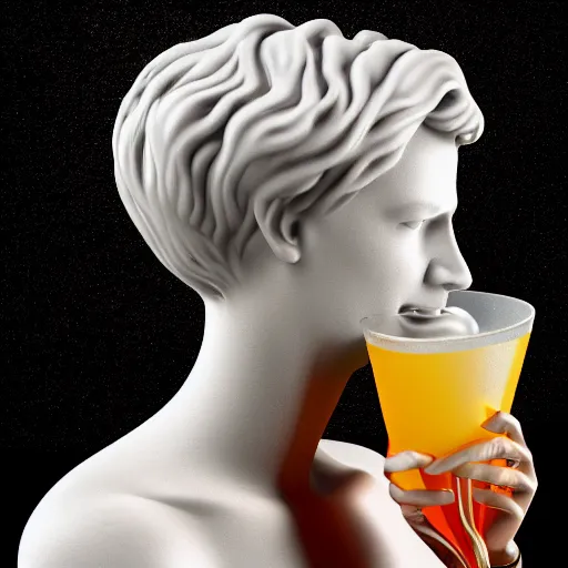 Image similar to close - up of a 3 d white marble human head holding a coctail, colorful coctail, digital illustration, 3 d render, above the waist