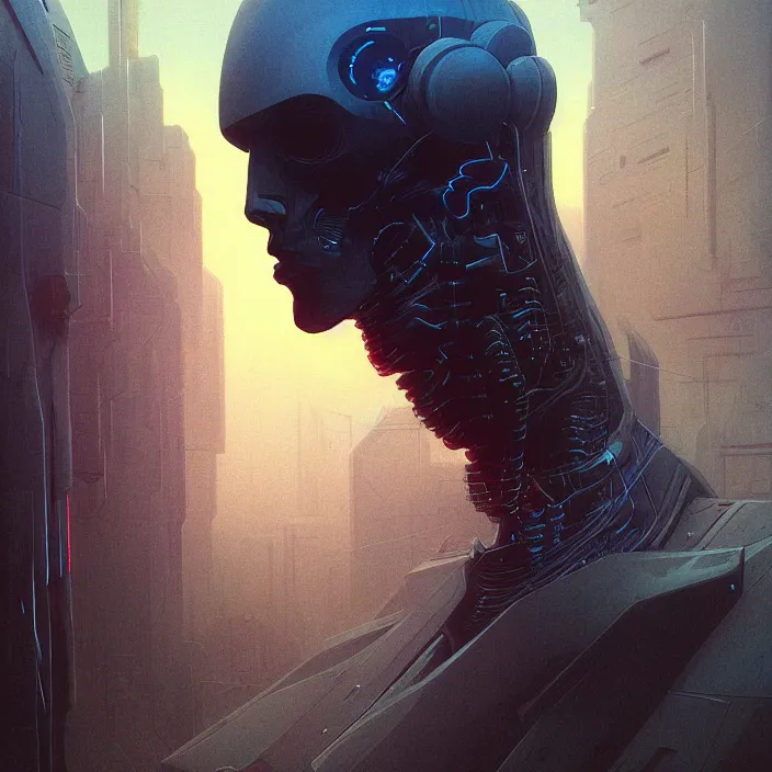 Prompt: low wide tilted angle perspective photo of a cerebral hack, cyberpunk, by wayne barlowe, by beeple, by artgerm, beksinski, rutkowski, peter gric, photorealistic, cinematic, studio lighting, golden hour, dark city, ominous electric atmosphere, album cover art, blade runner 2 0 4 9, masterpiece