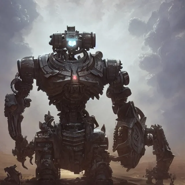 Image similar to hyper realistic bust of warhammer robot cinematic, artstation, cgsociety, greg rutkowski, james gurney, mignola, craig mullins, brom