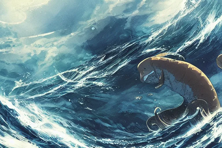 Prompt: a giant sea creature swimming in the deep sea, god rays, high intricate details, rule of thirds, golden ratio, cinematic light, anime style, graphic novel by fiona staples and dustin nguyen, by beaststars and orange, peter elson, alan bean, studio ghibli, makoto shinkai