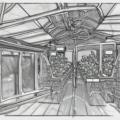 Image similar to annotated highly, detailed and intricate, sketch of the inside of a carriage cabin full of green plants, marker concept art style rendering, concept art, half blueprint, trending on artstation, intricate details, center frame, annotations