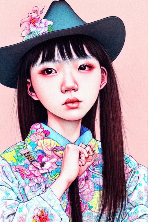 Image similar to taiwanese girl wearing cowboy hat, style of yoshii chie and hikari shimoda and martine johanna, highly detailed