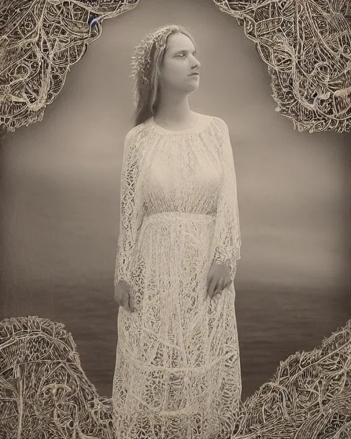 Image similar to a young woman standing by the sea, long hair, made of intricate decorative lace leaf skeleton, in the style of the dutch masters and gregory crewdson, dark and moody