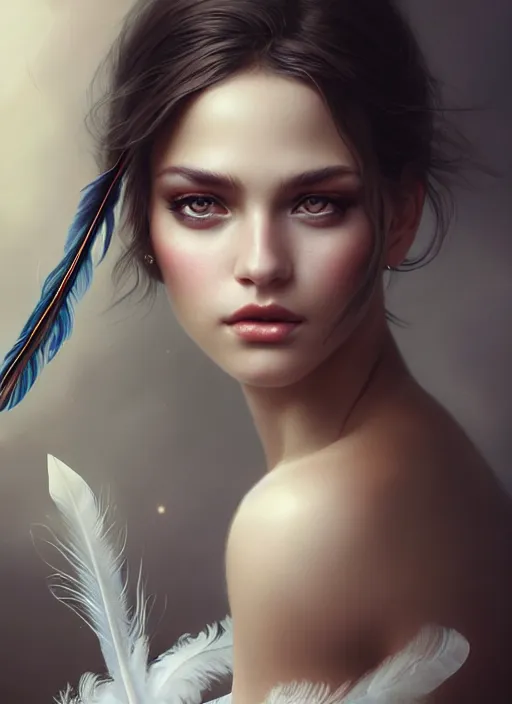 Prompt: a gorgeous female photo, professionally retouched, soft lighting, wearing a feather dress, realistic, smooth face, perfect eyes, wide angle, sharp focus on eyes, 8 k high definition, insanely detailed, intricate, elegant, art by artgerm and greg rutkowski and tom bagshaw