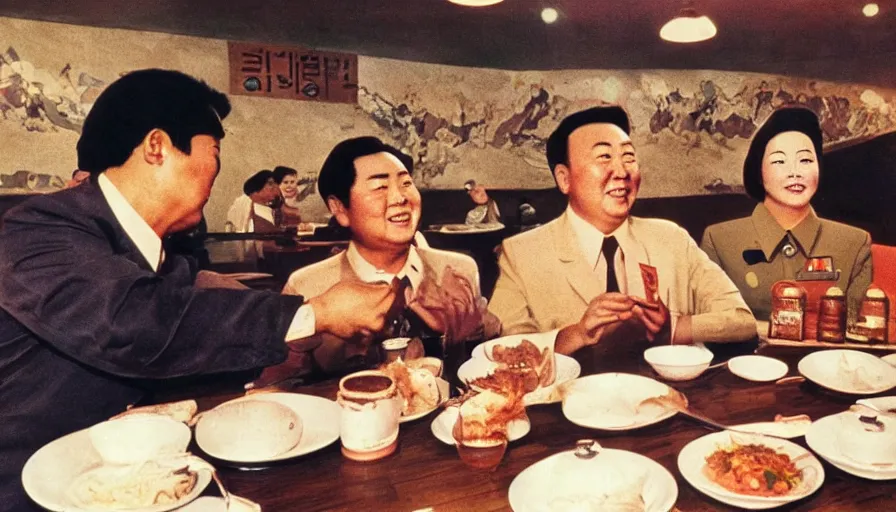 Image similar to 70s movie still of north korean restaurant with kim il-sung portrait, eastmancolor, heavy grain, high quality, higly detailed