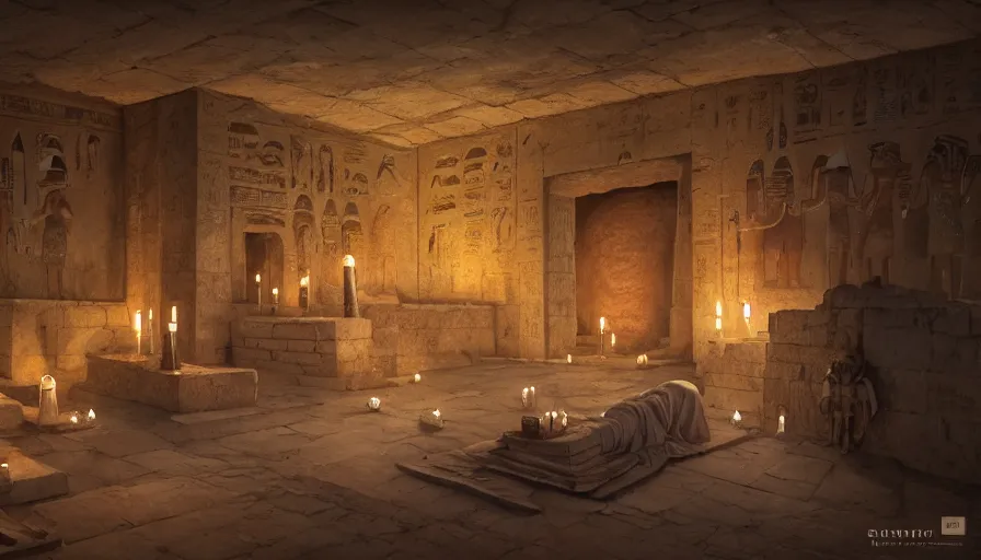 Prompt: A highly detailed matte painting of interior of ancient Egyptian tomb, candle lights, cobwebs, mummy, dark, by Studio Ghibli, Makoto Shinkai, by Artgerm, by WLOP, by Greg Rutkowski, volumetric lighting, octane render, 4K resolution, trending on artstation, masterpiece