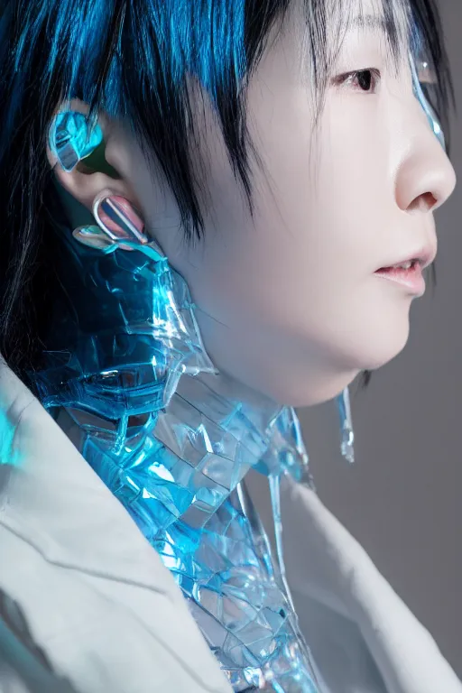 Image similar to a close - up full shot of a cyberpunk japanese woman with cold blue eyes and pretty face wearing lots of transparent and cellophane accessories, huge earrings, blue hour, cool, cold, crisp, by mayumi hosokura