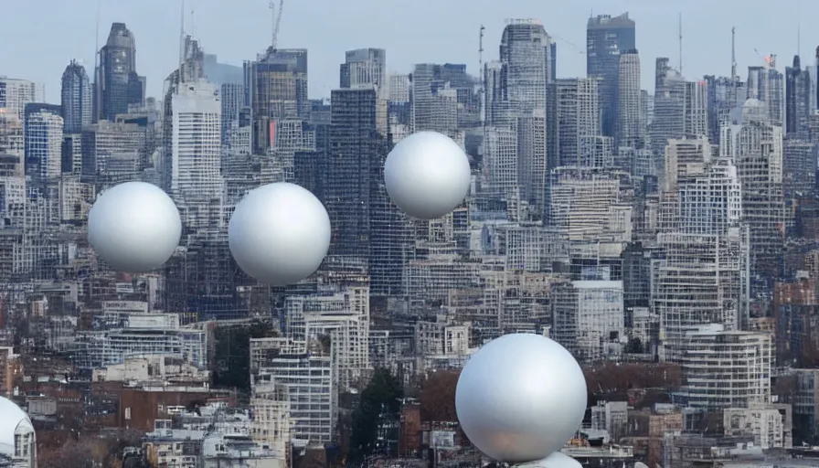 Prompt: dozens of giant metallic white spheres float above the skyline of a large city