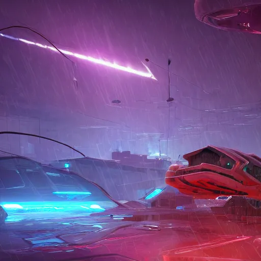 Image similar to abandoned neon spaceship as ingame shot of risk of rain 2, digital art, wet reflections, unreal engine 5, intricate details, fantasy, hyper realism, humongous view, rtx, smooth, cinematic