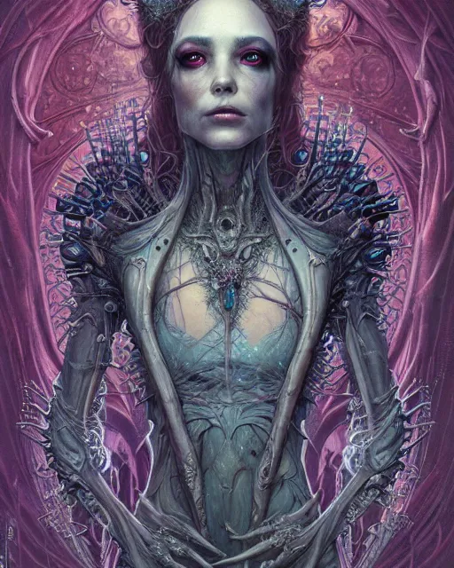 Image similar to a beautiful detailed front view portrait of a dead rotten princess with cyberpunk ornate growing around, ornamentation, elegant, beautifully soft and dramatic lit, by wayne barlowe, peter mohrbacher, kelly mckernan