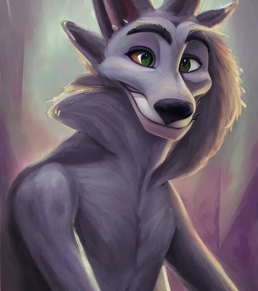 Image similar to oil painting of anthromorphic female wolf, in style of zootopia, zootopia, zootopia, fursona, furry, furaffinity, 4 k, deviantart, furry art, fursona art, wearing black business suit, business suit, in style of zootopia, wolf fursona, cyberpunk, female, expressive detailed feminine face,